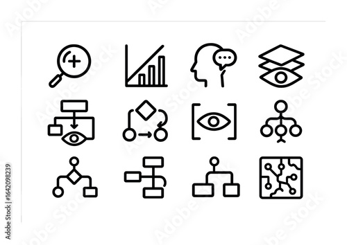 AI Transparency Icons. Outline icon set of AI transparency and explainability: clear lens, transparency chart,