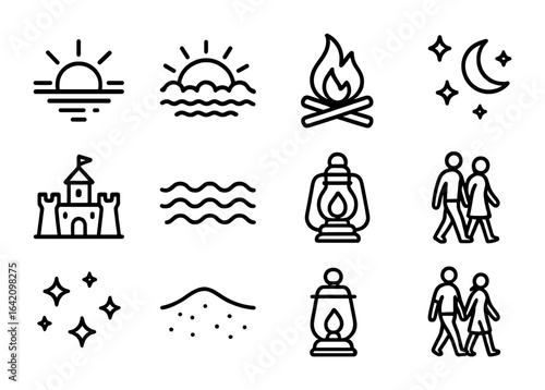 Evening Beach Icons. Outline icon set of evening beach time: sunset icon, fading light, evening bonfire,