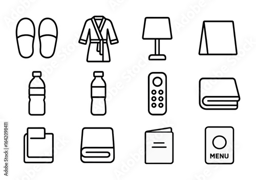 Hotel Amenities Icons. Outline icon set of hotel room amenities: hotel slippers, robe, bedside lamp, welcome