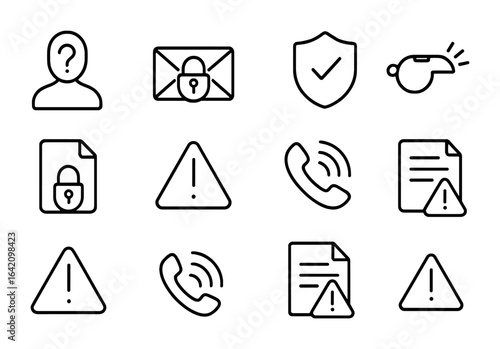 Whistleblower Protection Icons. Outline icon set of whistleblower protection: anonymous profile, secure
