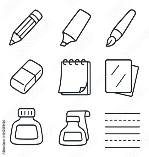 Lettering Tools Icons. Outline icon set of hand-drawn lettering tools: pencil, marker, brush pen, eraser,