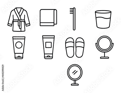 Nighttime Routine Icons. Outline icon set of nighttime cleanliness routine: bathrobe, face towel, toothbrush,