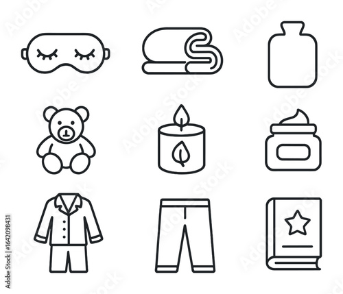 Bedtime Comfort Icons. Outline icon set of bedtime comfort items: sleeping mask, warm blanket, hot water