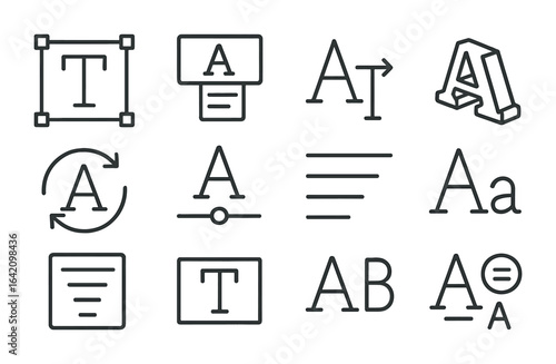 Typographic Tools Icons. Outline icon set of typographic design tools: text box, font picker, kerning tool, 3D