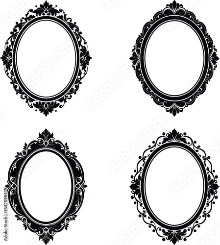 Vector art of four ornate oval vintage antique decorative frames with filigree and scrollwork isolated on white background
