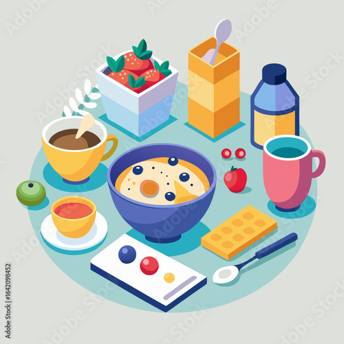 Minimalist flat-lay breakfast table with cereal boxes, bowls, milk, and fresh fruits isolated on white background