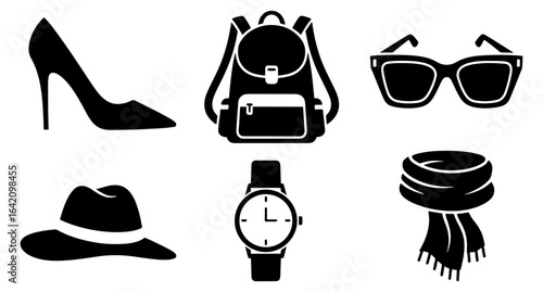 Vector art of fashion accessories collection including high heel shoe, backpack, sunglasses, hat, watch, and scarf, isolated on white background