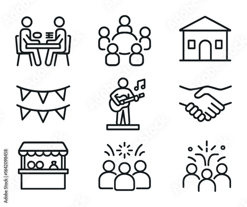 Community Gathering Icons. Outline icon set of community gatherings: shared meal, group circle, community