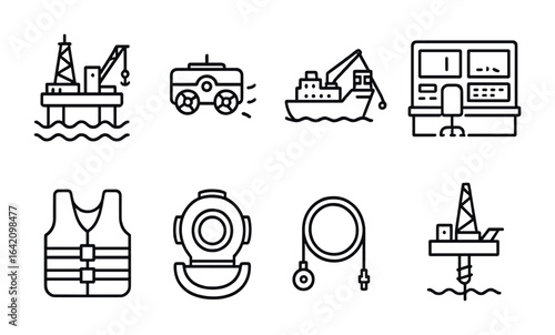 Offshore Mining Icons. Outline icon set of offshore mining platforms: floating platform, underwater drone,