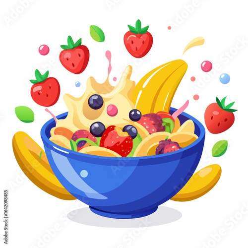 Colorful bowl of mixed cereals with milk splash and fresh fruits isolated on white background