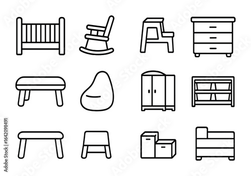 Kids' Furniture Icons. Outline icon set of kids' furniture: crib, rocking chair, step stool, dresser, play
