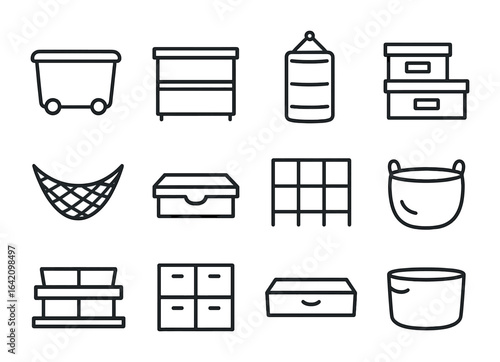 Toy Storage Icons. Outline icon set of toy storage ideas: rolling bin, open shelf, hanging pocket, labeled