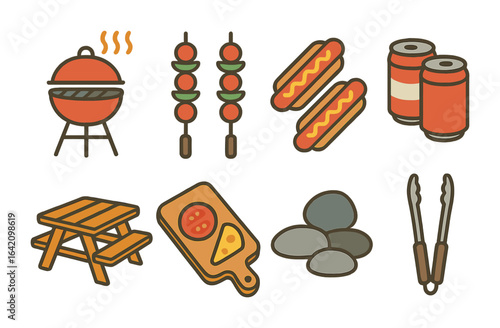 Riverside BBQ Icons. Flat vector mini-illustrations riverside barbecue in colors children's illustrations: