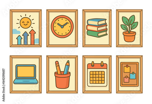 Kids' Office Decor. Flat vector mini-illustrations office wall frames in colors children's illustrations: