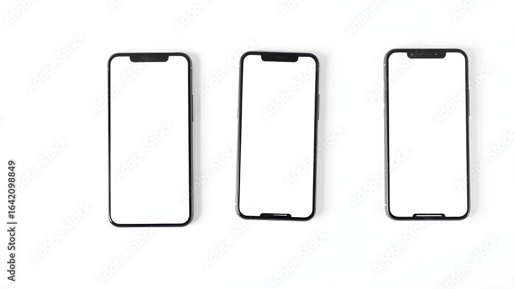 Three blank modern smartphones arranged vertically on a white background Three blank modern smartphones arranged vertically on a white background