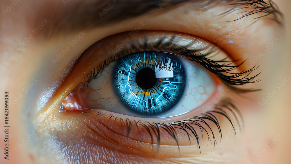 Fototapeta premium Futuristic blue eye with intricate circuitry iris pupil