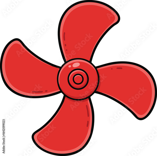 Red four blade fan propeller vector illustration with black outline and simple design 