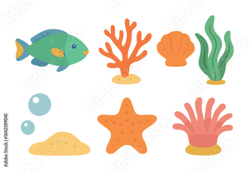 Coral Reef Icons. Flat vector mini-illustrations coral reef life in colors children's illustrations: