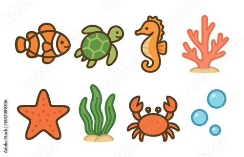 Marine Life Grid. Flat vector mini-illustrations marine animals in coral reefs in colors children's