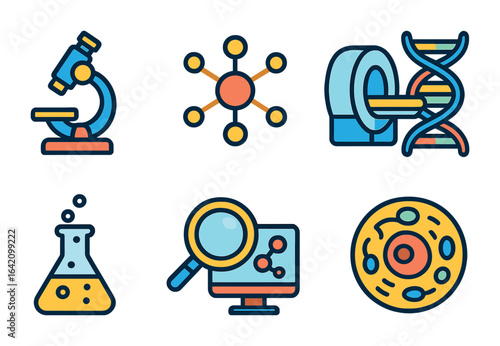 Nano Imaging Icons. Flat vector mini-illustrations nano-imaging techniques in colors children's illustrations: