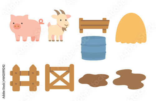 Farm Animal Icons. Flat vector mini-illustrations farm animal pen in colors children's illustrations: pig,