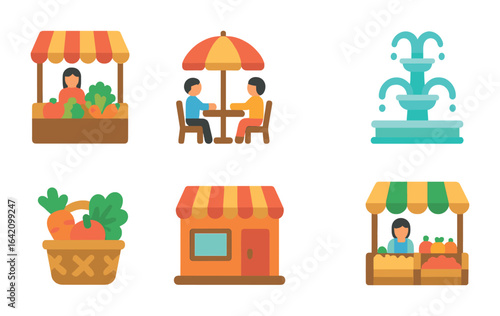 Community Market Icons. Flat vector mini-illustrations marketplaces as community hubs in colors children's