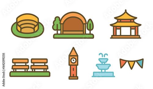 Colorful Community Spaces. Flat vector mini-illustrations community gathering architecture in colors