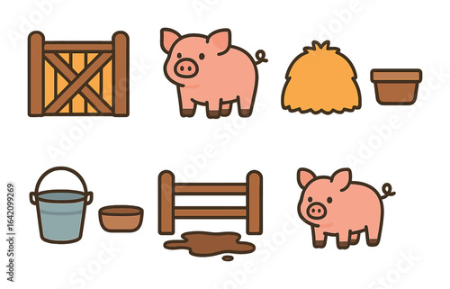 Pigsty Elements Grid. Flat vector mini-illustrations pigsty gate in colors children's illustrations: wooden