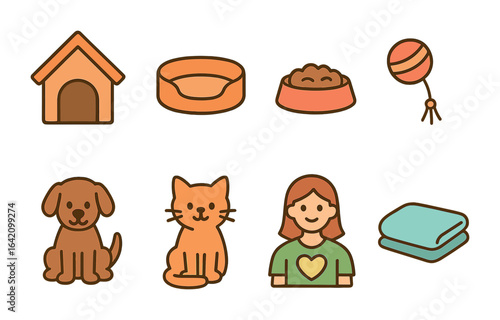 Pet Shelter Icons. Flat vector mini-illustrations shelter environment in colors children's illustrations: