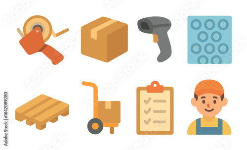 Packing Station Icons. Flat vector mini-illustrations packing station setup in colors children's illustrations