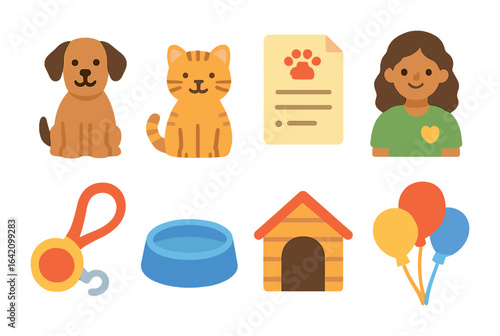 Pet Adoption Day Icons. Flat vector mini-illustrations pet adoption day in colors children's illustrations: