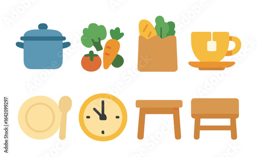 Kids' Cooking Icons. Flat vector mini-illustrations meal preparation help in colors children's illustrations: