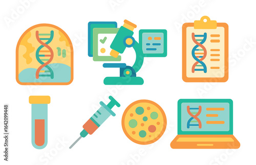 Genome Mapping Icons. Flat vector mini-illustrations genome mapping projects in colors children's