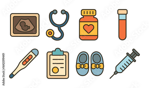 Pregnancy Health Icons. Flat vector mini-illustrations pregnancy health checkup in colors children's