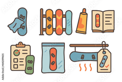Snowboard Care Icons. Flat vector mini-illustrations Seasonal snowboard maintenance in colors children's