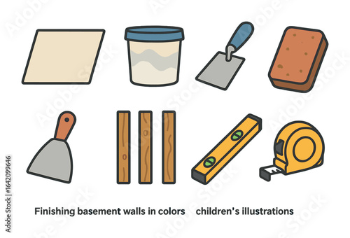 Basement Wall Tools. Flat vector mini-illustrations Finishing basement walls in colors children's