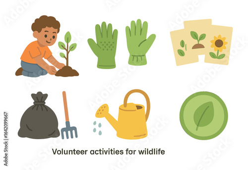 Wildlife Volunteering Illustrations. Flat vector mini-illustrations Volunteer activities for wildlife in