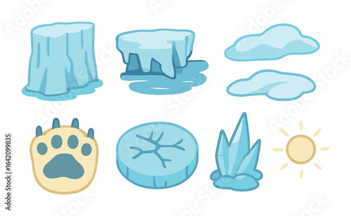 Glacier Biome Icons. Flat vector mini-illustrations Glacier biome in colors children's illustrations: glacier