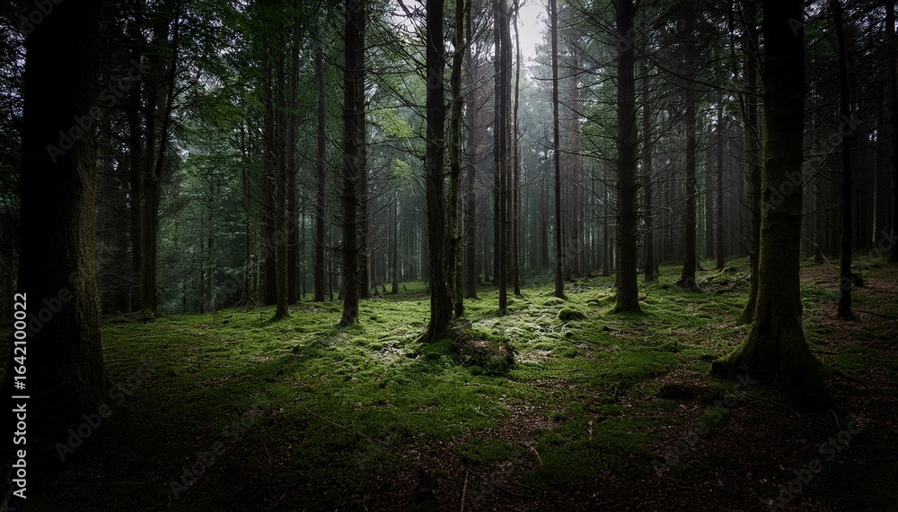 Obraz premium dark forest scene with tall trees mossy ground and dim lighting