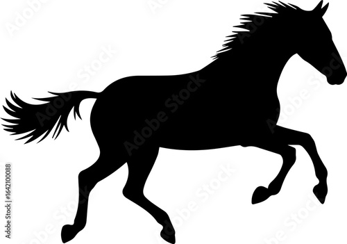  Horse galloping away rear view silhouette vector, black horse tail flowing isolated on white background