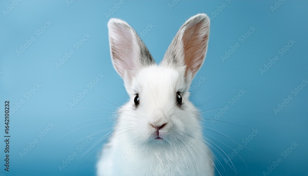 Fototapeta premium cute fluffy white bunny with long ears sits against a soft light blue background