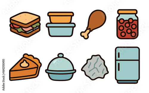 Thanksgiving Leftovers Icons. Flat vector mini-illustrations Thanksgiving leftovers in colors children's