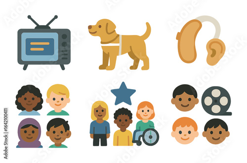 Inclusive Media Icons. Flat vector mini-illustrations inclusive media representation in colors children's