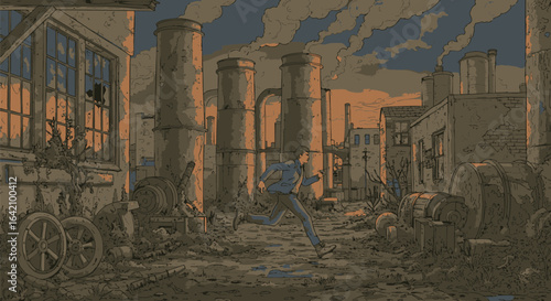 A man runs for his life through a desolate industrial zone in a retro pixel art style, a dramatic moment from 20250706.