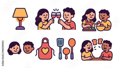 Playful Kitchen Date. Flat vector mini-illustrations kitchen date night in colors children's illustrations: