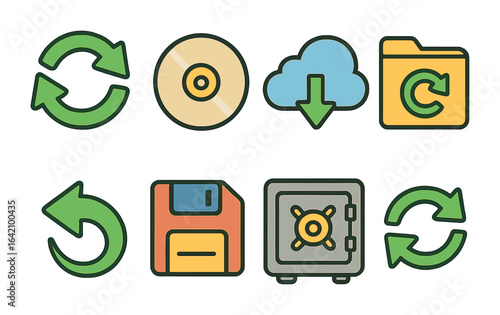 Colorful Backup Icons. Flat vector mini-illustrations backup and recovery tools in colors children's