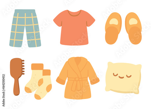 Cozy Sleepover Icons. Flat vector mini-illustrations casual sleepover outfits in colors children's