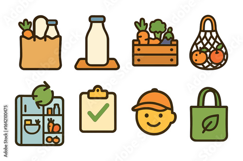 Grocery Delivery Icons. Flat vector mini-illustrations grocery delivery to fridge in colors children's
