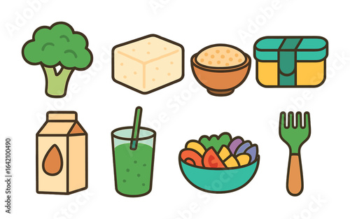 Plant-Based Icons Grid. Flat vector mini-illustrations plant-based diets and sustainable food choices in