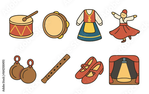 Traditional Music and Dance. Flat vector mini-illustrations traditional music and dance in colors children's